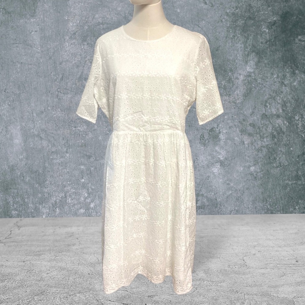 DOWNEAST Women's‎ May Dress White Eyelet Tie Back Cottage Cotton Sundress Medium